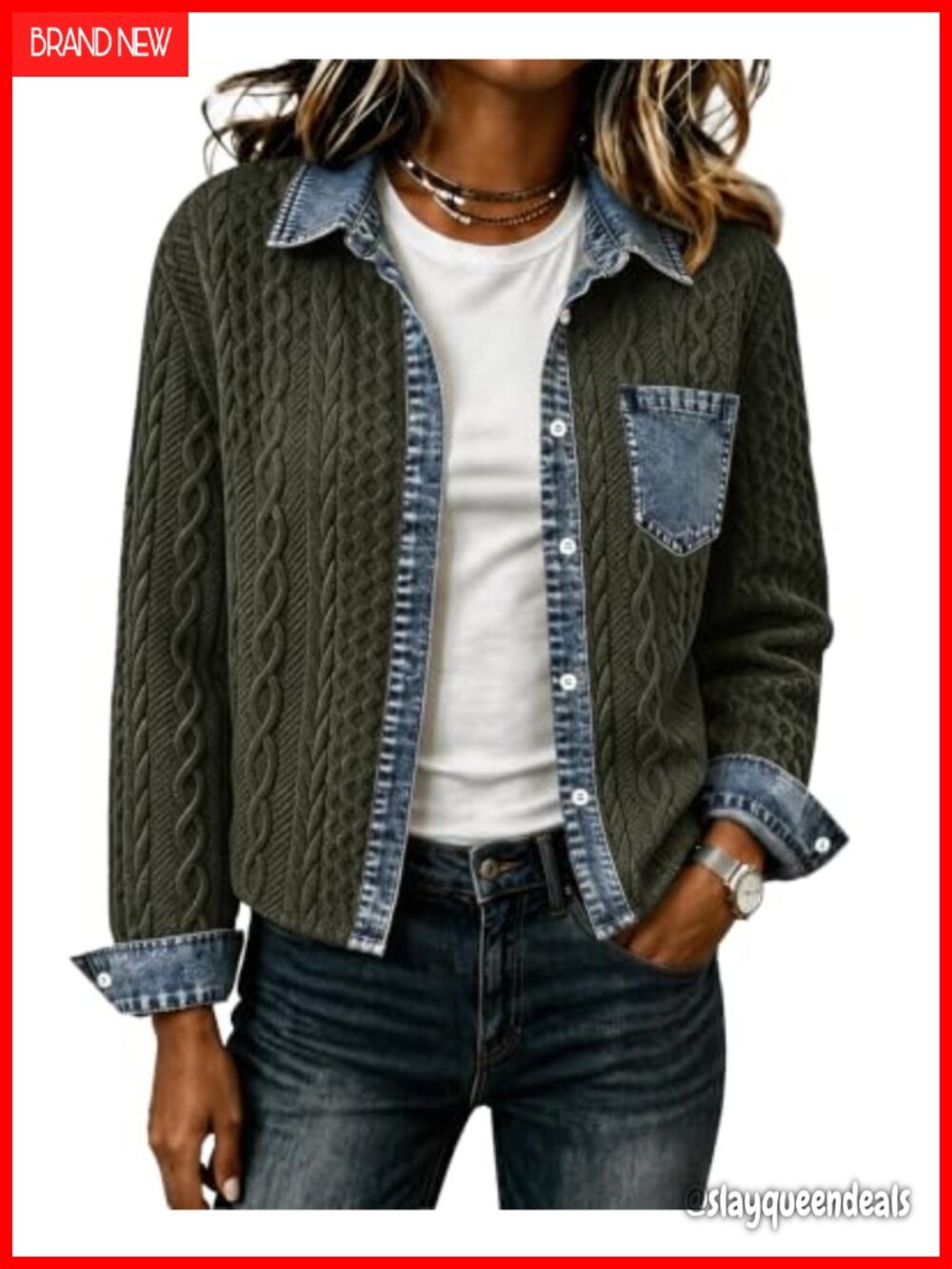 Cropped Denim Patchwork Bomber Jacket Cable Knit Shacket Button Up